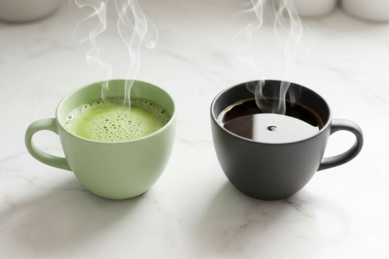 Secangkir matcha dan kopi hangat