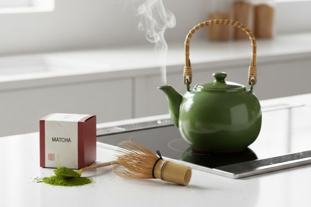 Bubuk matcha dan chasen di atas counter top
