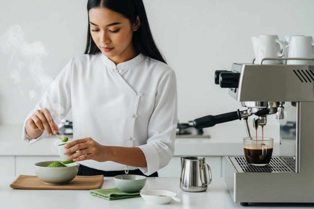 Wanita sedang membuat matcha